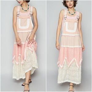 POL Color Block Adjustable Straps Pockets Lace Denim overall Dress
